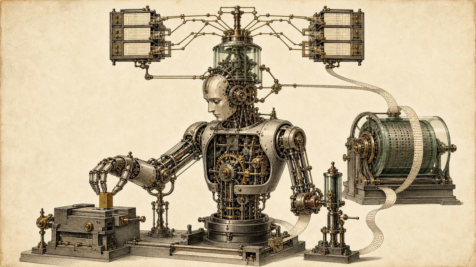 An engraved metaphor for Physical AI: a planning agent, control loops, a robot, and a registry of experience