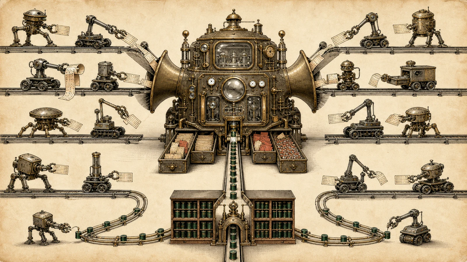 An engraved metaphor for the bottleneck: a fleet of robots feeds raw episodes into a single verification pipeline