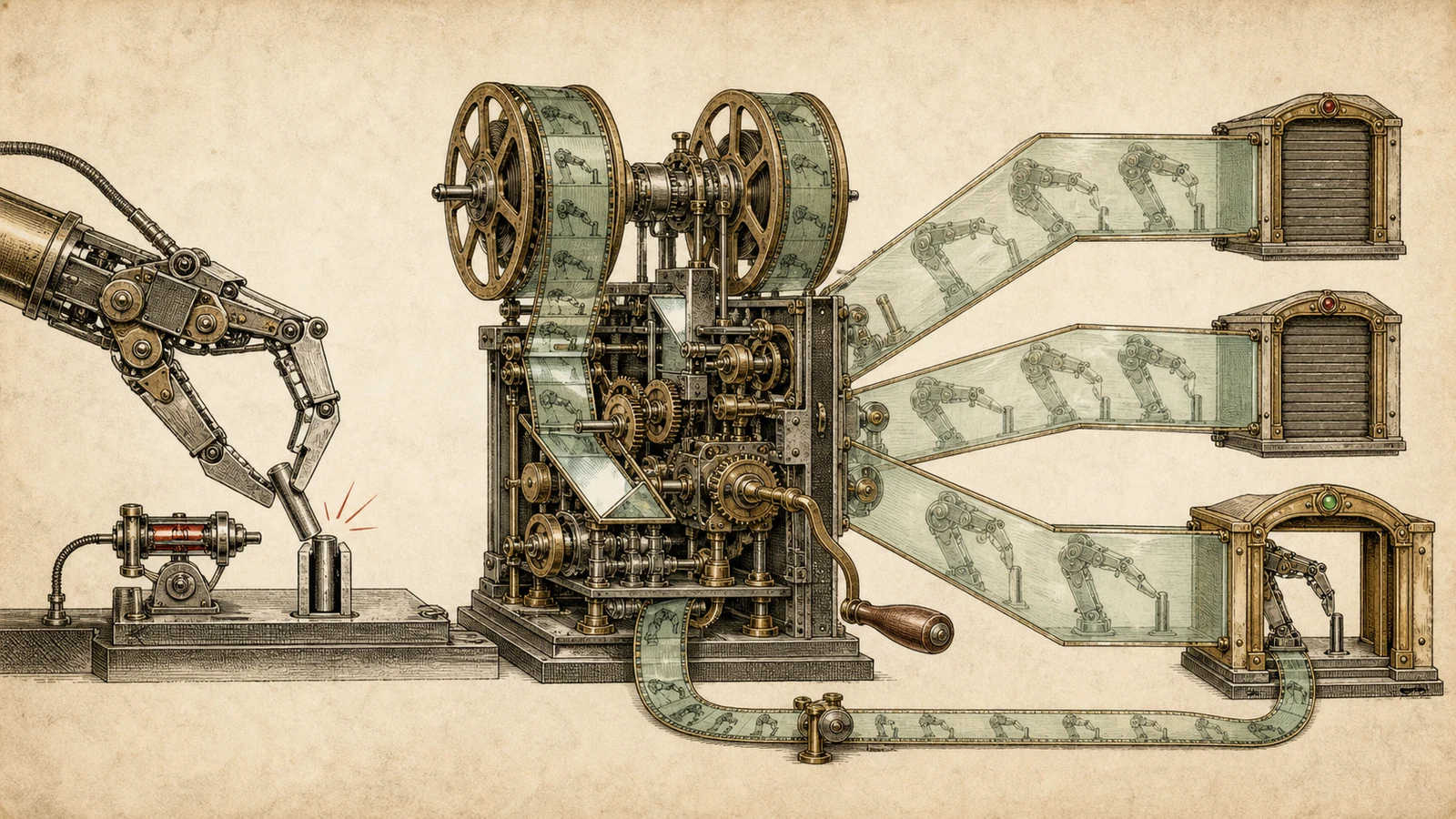 An engraved metaphor for a world model: a machine rewinds a failure, branches possible corrections, and sends the strongest candidate to physical verification