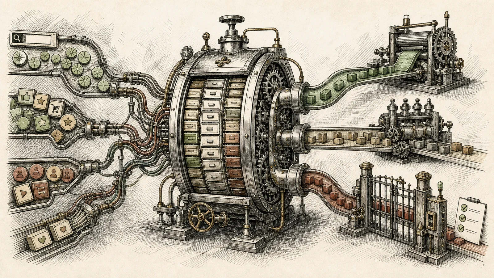 Hand-drawn data pipeline where product logs become post-training datasets